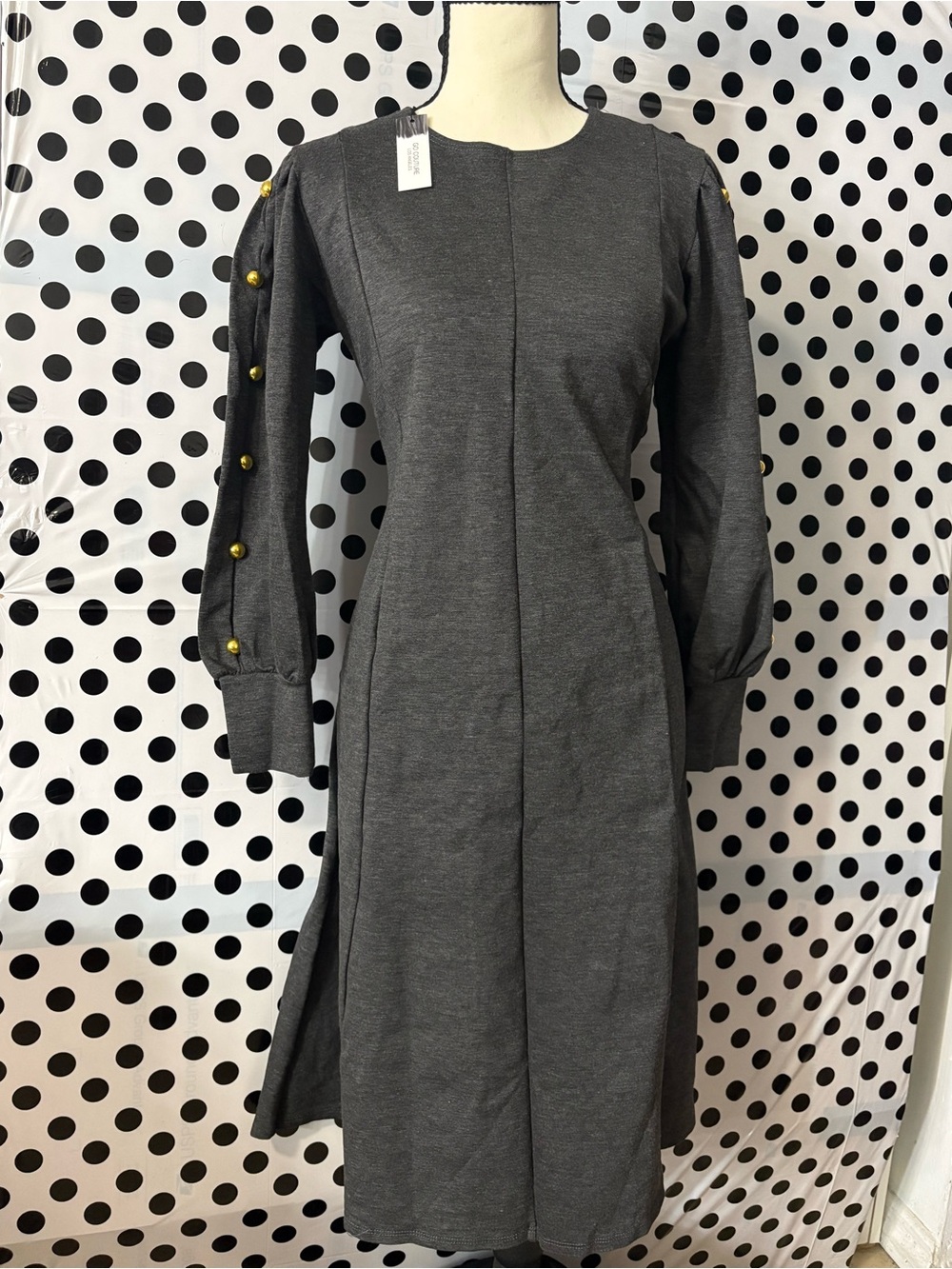 Go Couture Charcoal Gray Long-Sleeve Midi Dress with Gold Buttons